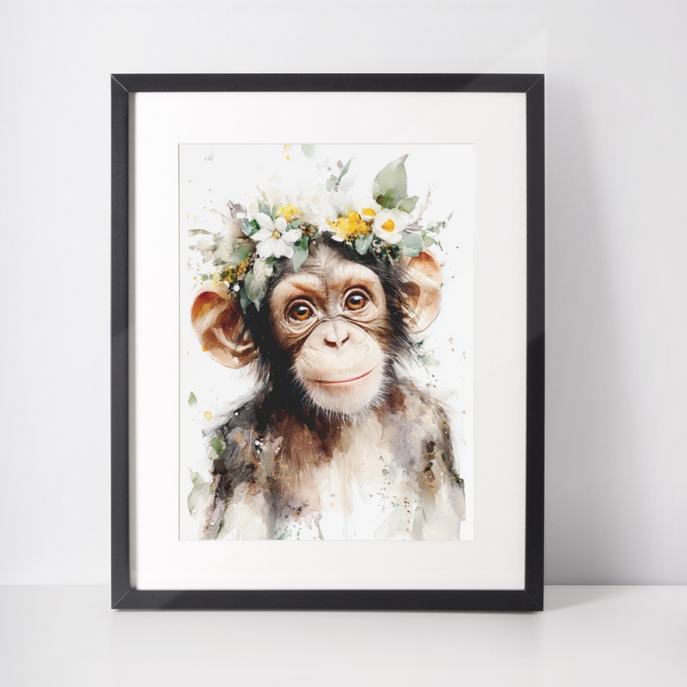 Watercolor Floral Monkey Portrait Wall Art Print Unframed - Playful Jungle Charm - Picture 3 of 6